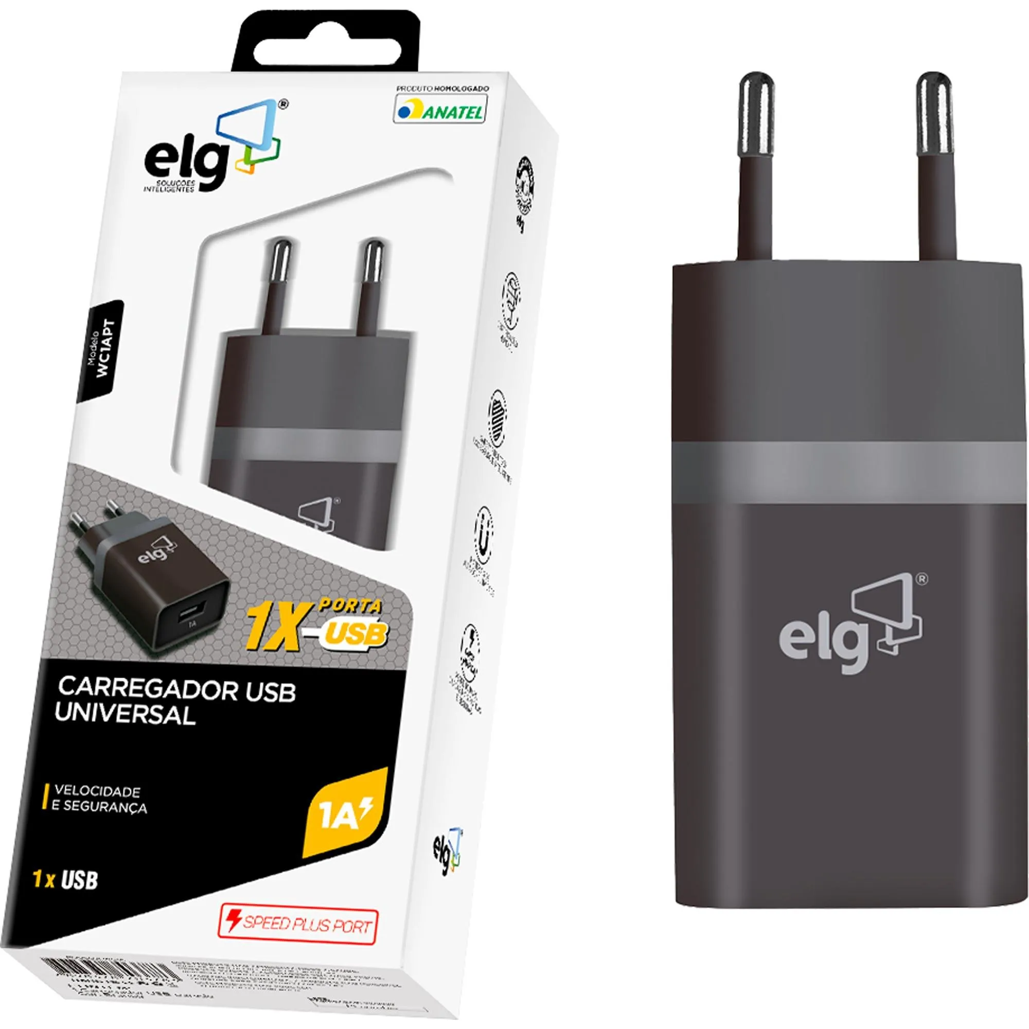 Carregador de Parede Universal 1 Saída USB 1A Bivolt Preto