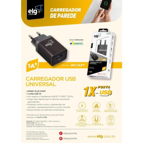 Carregador USB 1A WC1APT 1 Saida Preto Bivolt ELG por 32,00 à vista no boleto/pix ou parcele em até 1x sem juros. Compre na loja Mundomax!