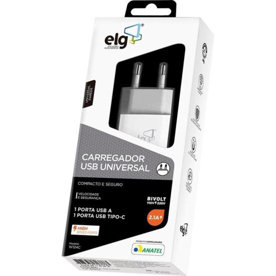 Carregador USB Tipo C + USB 2.1A W124 Branco ELG por 49,99 à vista no boleto/pix ou parcele em até 1x sem juros. Compre na loja Mundomax!