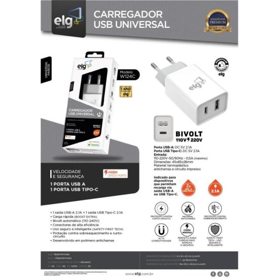 Carregador USB Tipo C + USB 2.1A W124 Branco ELG por 49,99 à vista no boleto/pix ou parcele em até 1x sem juros. Compre na loja Mundomax!