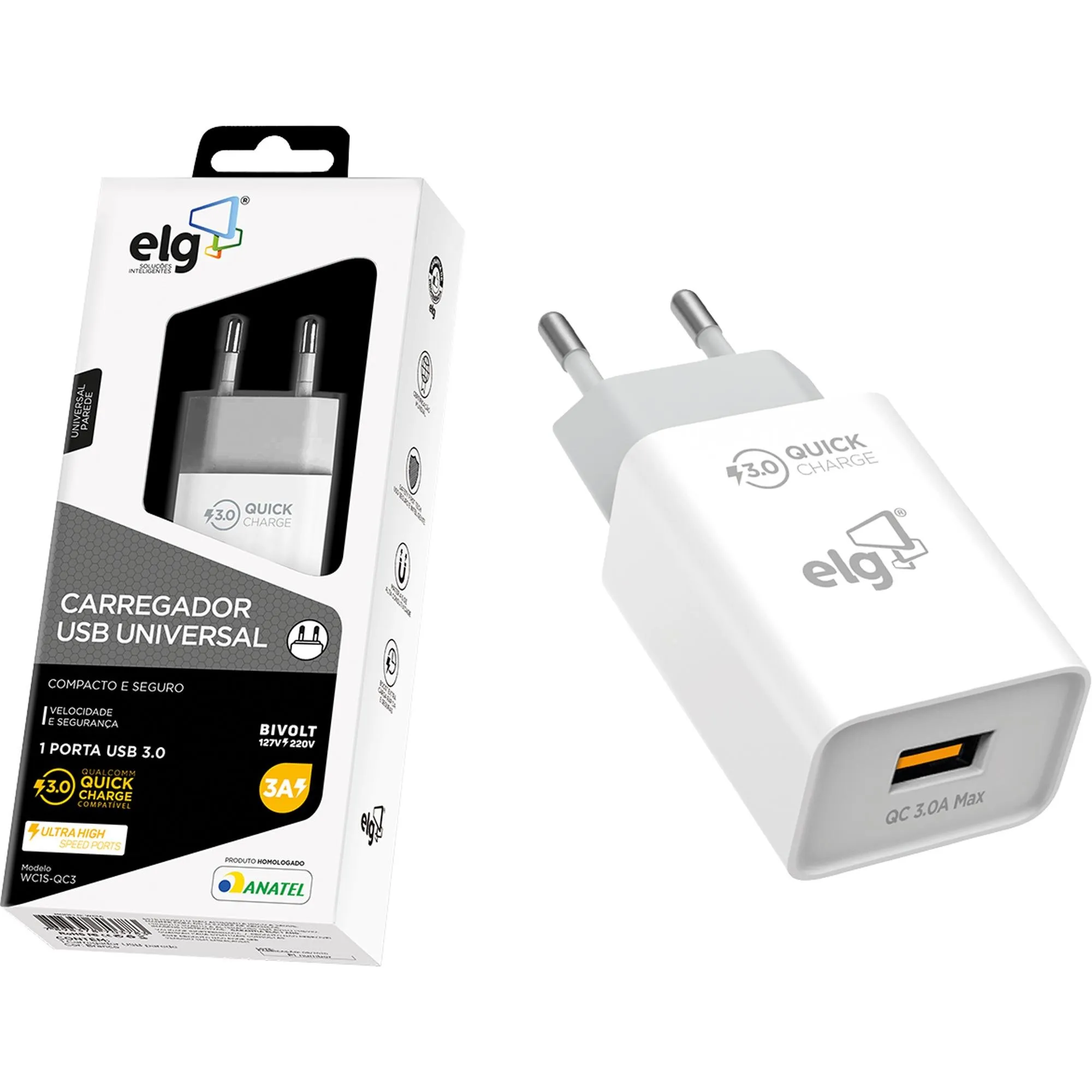Carregador USB 3A WC1S-QC3 Branco ELG (81473)