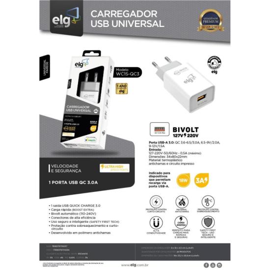 Carregador USB 3A WC1S-QC3 Branco ELG por 60,00 à vista no boleto/pix ou parcele em até 2x sem juros. Compre na loja Mundomax!