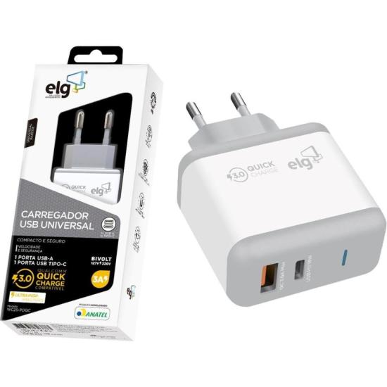 Carregador USB + USB Tipo C 3A WC2S-PDQC Branco ELG por 90,99 à vista no boleto/pix ou parcele em até 3x sem juros. Compre na loja Mundomax!