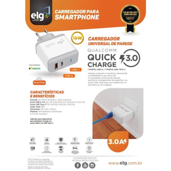 Carregador USB + USB Tipo C 3A WC2S-PDQC Branco ELG por 90,99 à vista no boleto/pix ou parcele em até 3x sem juros. Compre na loja Mundomax!