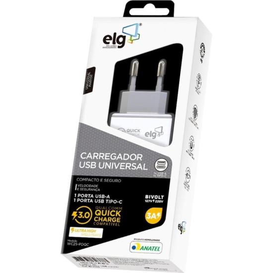 Carregador USB + USB Tipo C 3A WC2S-PDQC Branco ELG por 90,99 à vista no boleto/pix ou parcele em até 3x sem juros. Compre na loja Mundomax!