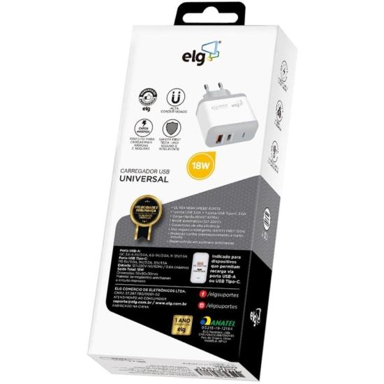 Carregador USB + USB Tipo C 3A WC2S-PDQC Branco ELG por 90,99 à vista no boleto/pix ou parcele em até 3x sem juros. Compre na loja Mundomax!
