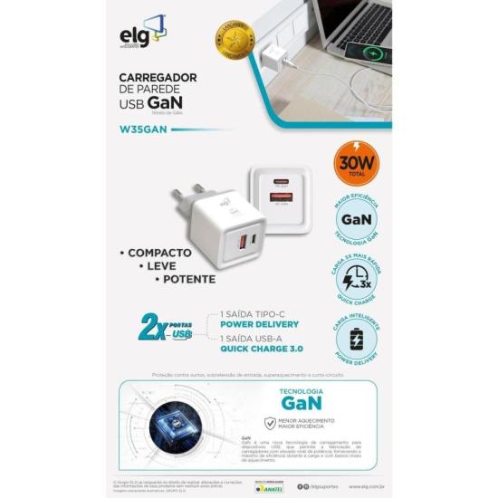Carregador 2 USB 3A + 1 PD W35GAN ELG por 126,00 à vista no boleto/pix ou parcele em até 5x sem juros. Compre na loja Mundomax!