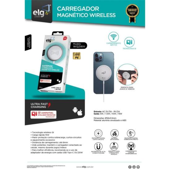 Carregador Magnético Sem Fio WQ2WH Branco ELG por 148,99 à vista no boleto/pix ou parcele em até 5x sem juros. Compre na loja Mundomax!