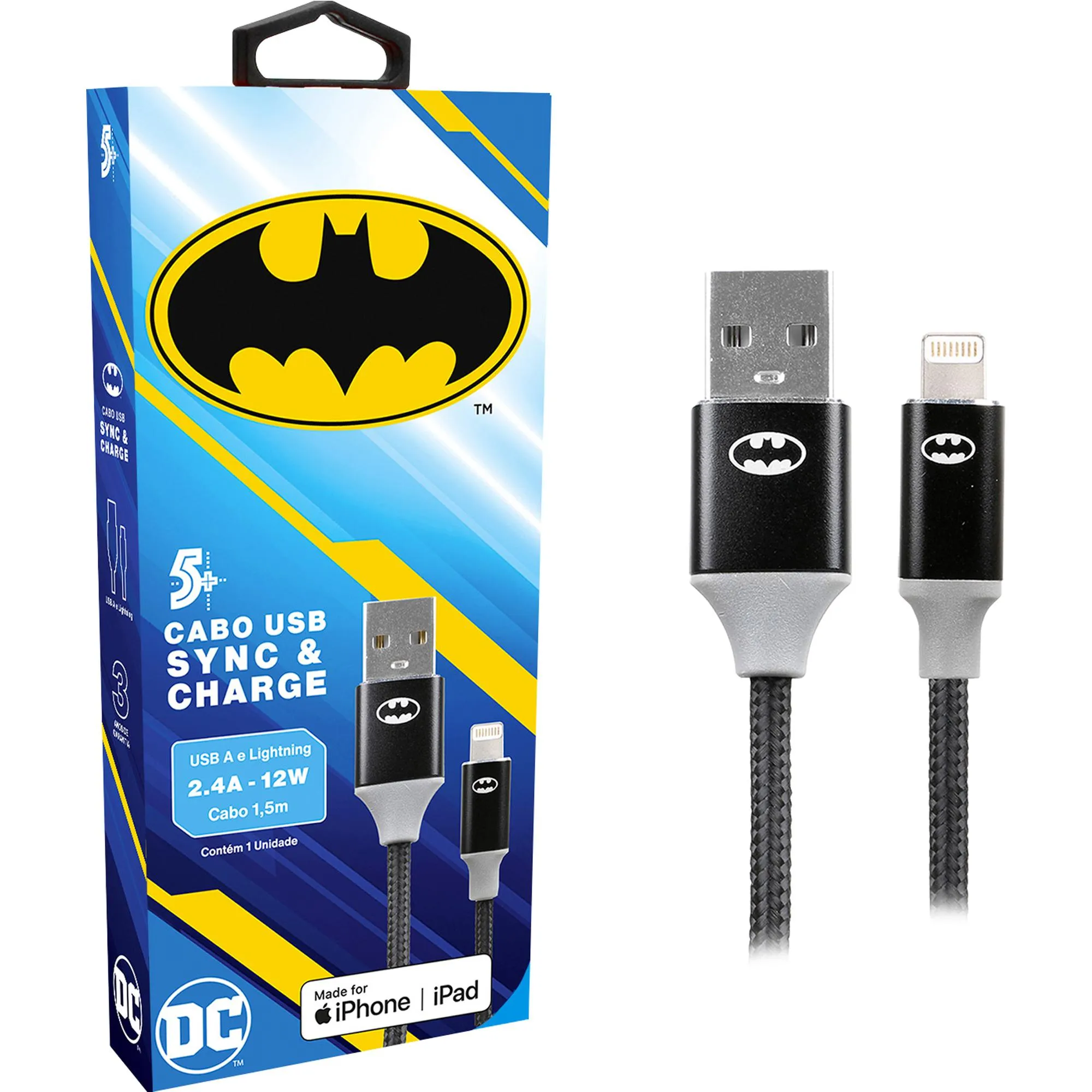 Cabo USB-A Para Lightning Batman 1,5m 5+ (81714)