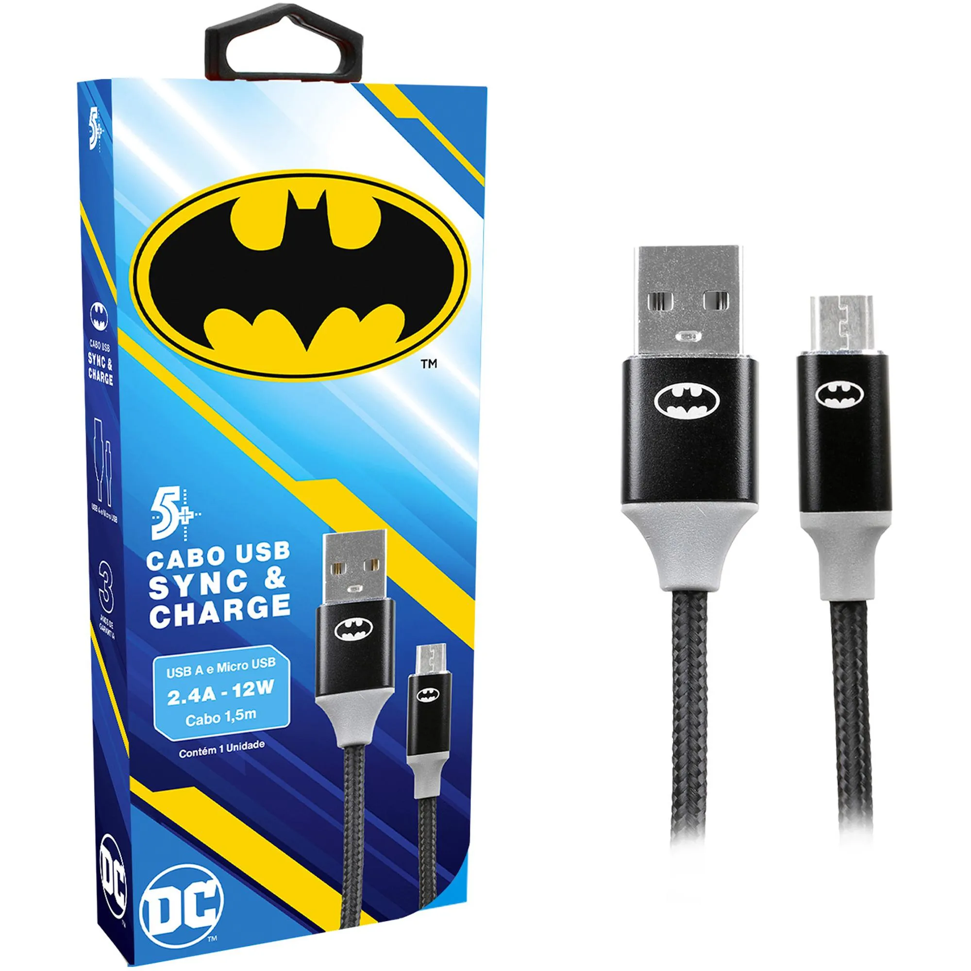 Cabo USB-A Para Micro USB Batman 1,5m 5+ (81722)