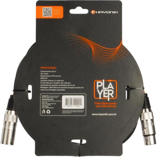 Cabo Para Microfone Hayonik Player XLR Fêmea x XLR Macho 3m Preto por 60,00 à vista no boleto/pix ou parcele em até 2x sem juros. Compre na loja Mundomax!