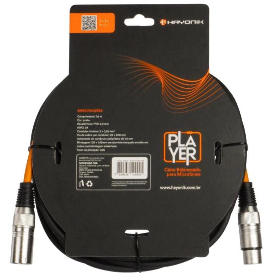 Cabo Para Microfone Hayonik Player XLR Fêmea x XLR Macho 7m Preto por 80,00 à vista no boleto/pix ou parcele em até 3x sem juros. Compre na loja Mundomax!