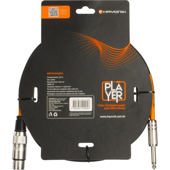 Cabo Para Microfone Hayonik Player XLR Fêmea x P10 3m Preto por 50,00 à vista no boleto/pix ou parcele em até 2x sem juros. Compre na loja Mundomax!