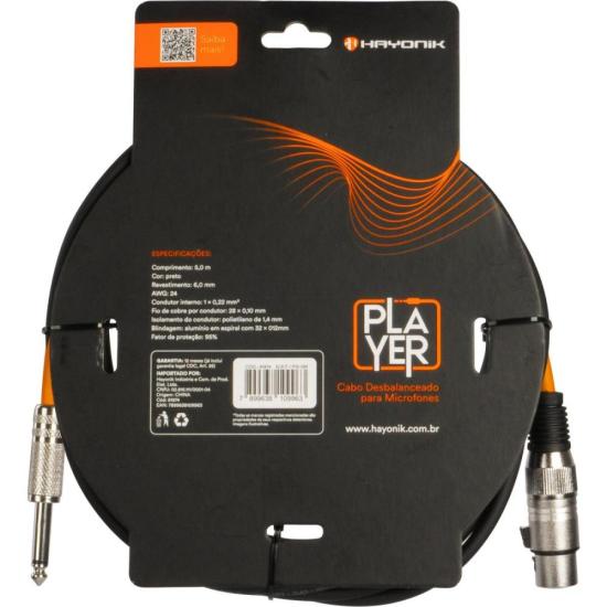 Cabo Para Microfone Hayonik Player XLR Fêmea x P10 5m Preto por 60,00 à vista no boleto/pix ou parcele em até 2x sem juros. Compre na loja Mundomax!
