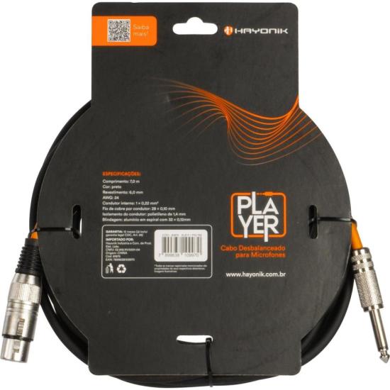 Cabo Para Microfone Hayonik Player XLR Fêmea x P10 7m Preto por 70,00 à vista no boleto/pix ou parcele em até 2x sem juros. Compre na loja Mundomax!
