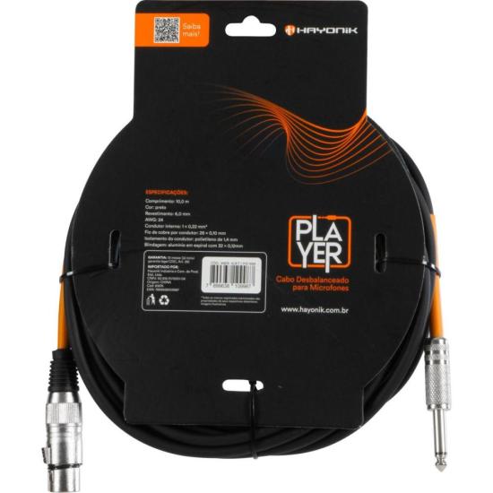 Cabo Para Microfone Hayonik Player XLR Fêmea x P10 10m Preto por 80,00 à vista no boleto/pix ou parcele em até 3x sem juros. Compre na loja Mundomax!