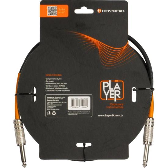 Cabo Para Instrumento Hayonik Player P10 x P10 3m Preto por 45,00 à vista no boleto/pix ou parcele em até 1x sem juros. Compre na loja Mundomax!