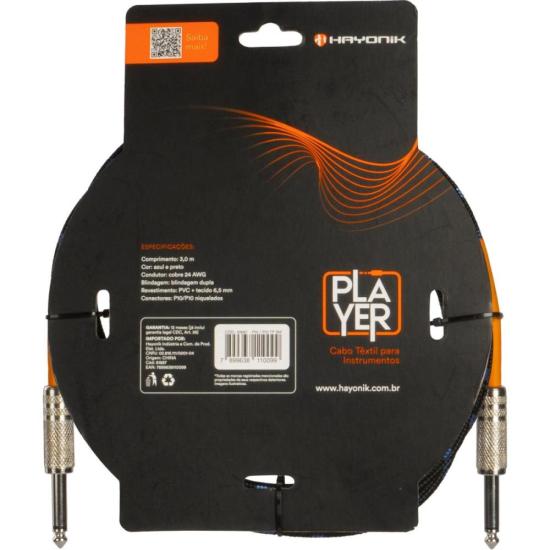 Cabo Para Instrumento Têxtil Hayonik Player P10 3m Preto/Azul por 58,00 à vista no boleto/pix ou parcele em até 2x sem juros. Compre na loja Mundomax!