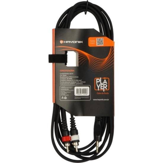Cabo de Áudio Hayonik Player 1 P2 x 2 RCA 3m Preto por 40,00 à vista no boleto/pix ou parcele em até 1x sem juros. Compre na loja Mundomax!