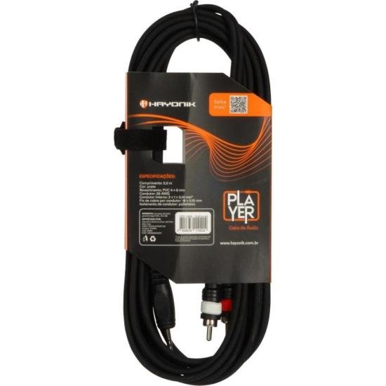 Cabo de Áudio Hayonik Player 1 P2 x 2 RCA 5m Preto por 50,00 à vista no boleto/pix ou parcele em até 2x sem juros. Compre na loja Mundomax!