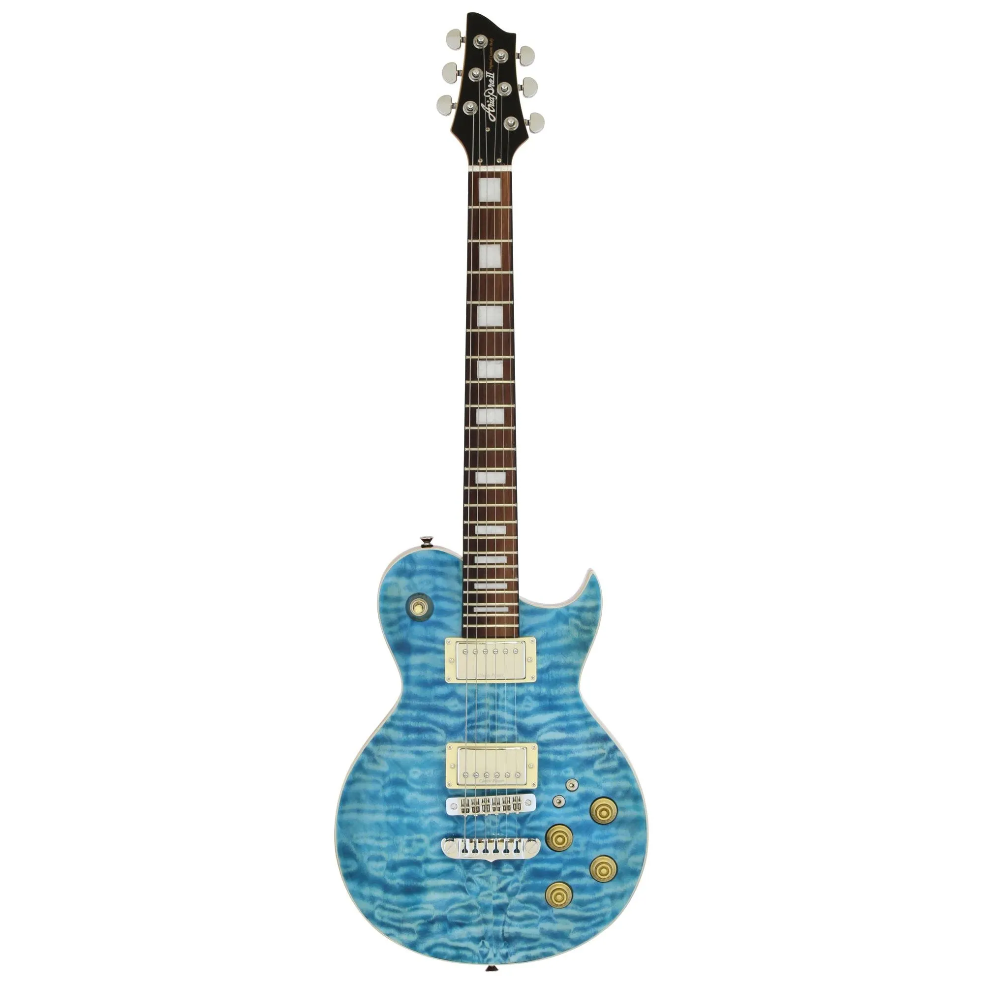 Guitarra Aria Pro II PE-480 See-Through Emerald Blue por 3.548,00 à vista no boleto/pix ou parcele em até 12x sem juros. Compre na loja Mundomax!