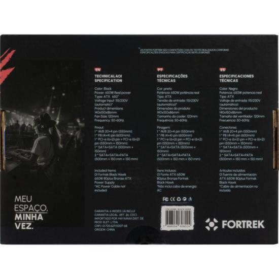 Fonte Gamer ATX Fortrek Black Hawk 650W 80 Plus Bronze PFC Ativo por 386,99 à vista no boleto/pix ou parcele em até 10x sem juros. Compre na loja Fortrek!