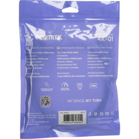 Cabo HDMI 2.0 4K 1m Preto 4K-01 Fortrek por 12,00 à vista no boleto/pix ou parcele em até 1x sem juros. Compre na loja Mundomax!
