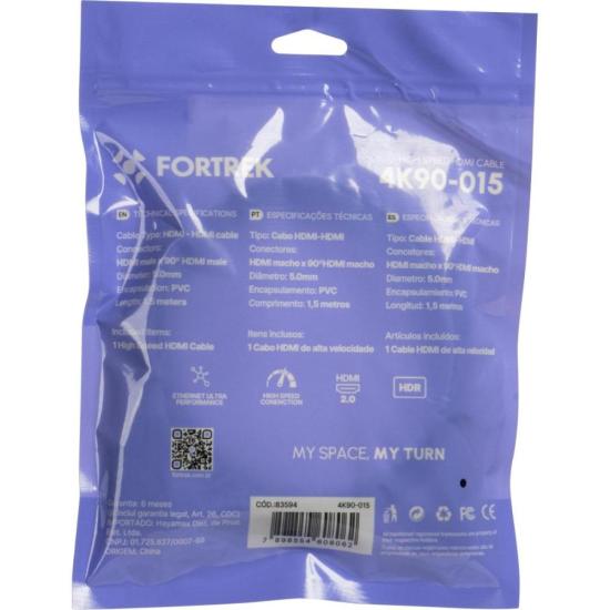 Cabo HDMI 2.0 4K 90º 1.5m Preto 4K90-015 Fortrek por 21,00 à vista no boleto/pix ou parcele em até 1x sem juros. Compre na loja Mundomax!