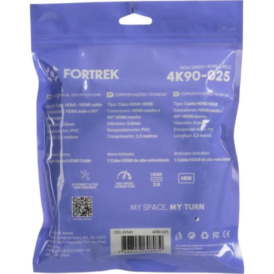 Cabo HDMI 2.0 4K 90º 2.5m Preto 4K90-025 Fortrek por 21,40 à vista no boleto/pix ou parcele em até 1x sem juros. Compre na loja Fortrek!