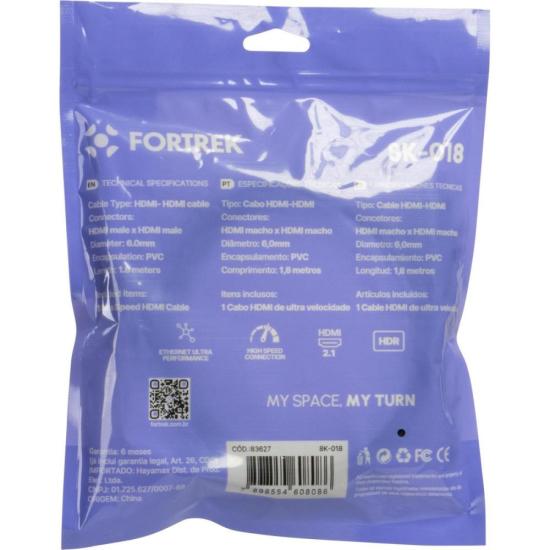 Cabo HDMI 2.1 8K 1,8m Preto 8K-018 Fortrek por 41,83 à vista no boleto/pix ou parcele em até 1x sem juros. Compre na loja Fortrek!