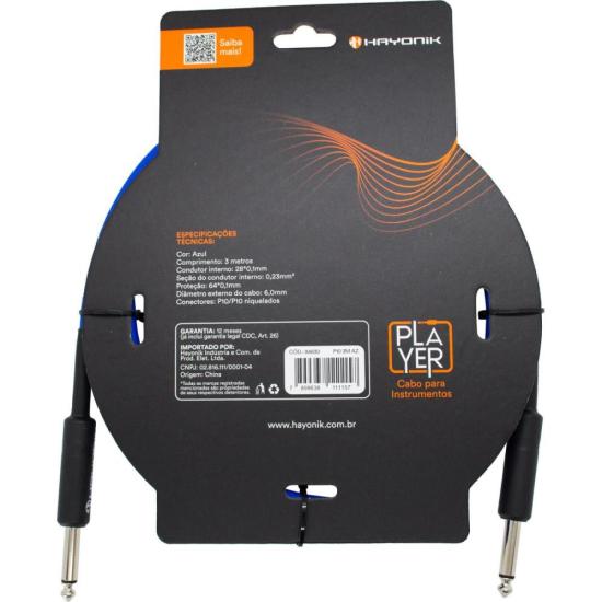 Cabo Para Instrumento Hayonik Player P10 x P10 3m Azul por 54,00 à vista no boleto/pix ou parcele em até 2x sem juros. Compre na loja Mundomax!