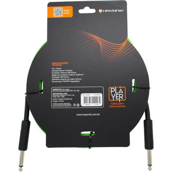 Cabo para Instrumento HAYONIK Player P10 x P10 3m Verde por 50,00 à vista no boleto/pix ou parcele em até 2x sem juros. Compre na loja Mundomax!