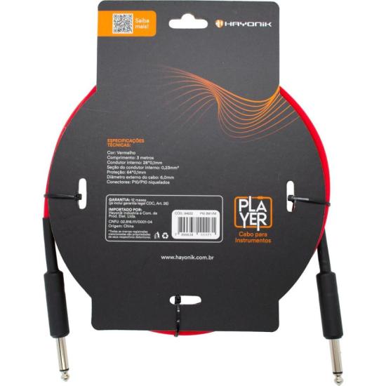 Cabo Para Instrumento Hayonik Player P10 x P10 3m Vermelho por 79,00 à vista no boleto/pix ou parcele em até 3x sem juros. Compre na loja Mundomax!