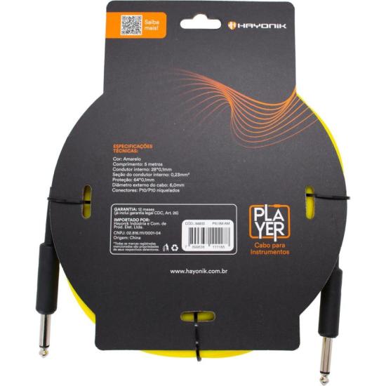 Cabo Para Instrumento Hayonik Player P10 x P10 5m Amarelo por 79,00 à vista no boleto/pix ou parcele em até 3x sem juros. Compre na loja Mundomax!