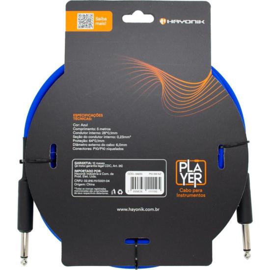 Cabo Para Instrumento Hayonik Player P10 x P10 5m Azul por 79,00 à vista no boleto/pix ou parcele em até 3x sem juros. Compre na loja Mundomax!