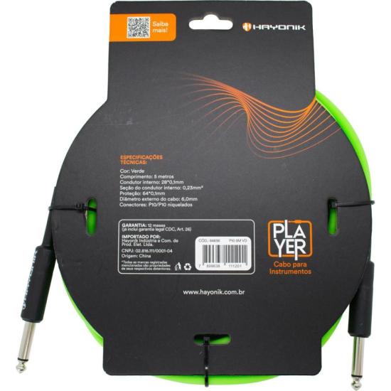Cabo Para Instrumento Hayonik Player P10 x P10 5m Verde por 79,00 à vista no boleto/pix ou parcele em até 3x sem juros. Compre na loja Mundomax!