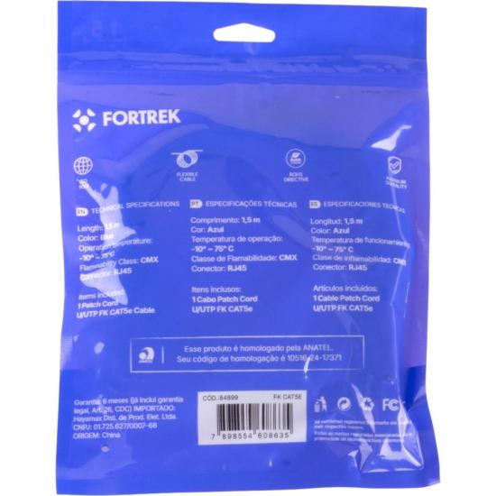 Cabo de Rede Patch Cord Cat5e Fortrek FKCAT5E 1,5m Internet Azul por 16,13 à vista no boleto/pix ou parcele em até 1x sem juros. Compre na loja Fortrek!