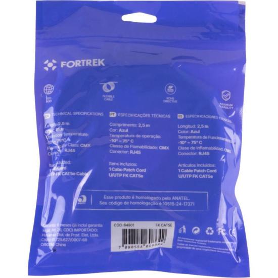 Cabo de Rede Patch Cord Cat5e Fortrek FKCAT5E 2,5m Internet Azul por 21,40 à vista no boleto/pix ou parcele em até 1x sem juros. Compre na loja Fortrek!