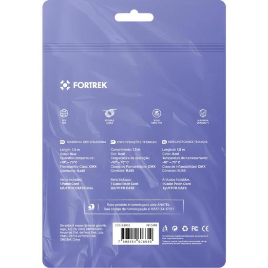 Cabo de Rede Patch Cord Cat6 Fortrek FKCAT6 1,5m Internet Azul por 20,38 à vista no boleto/pix ou parcele em até 1x sem juros. Compre na loja Fortrek!