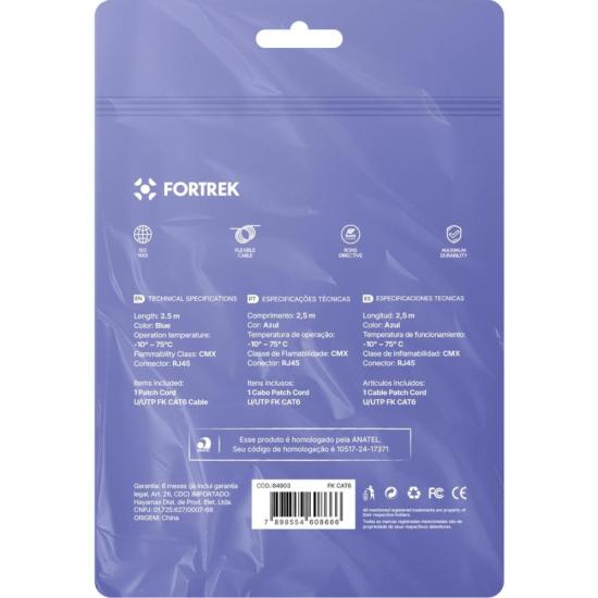 Cabo de Rede Patch Cord Cat6 Fortrek FKCAT6 2,5m Internet Azul por 25,50 à vista no boleto/pix ou parcele em até 1x sem juros. Compre na loja Fortrek!