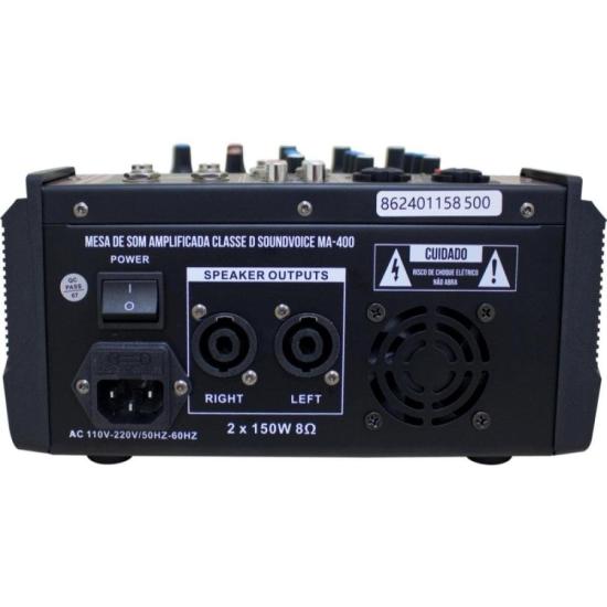 Mesa de Som Amplificada Classe D Soundvoice MA-400 por 1.053,00 à vista no boleto/pix ou parcele em até 12x sem juros. Compre na loja Mundomax!