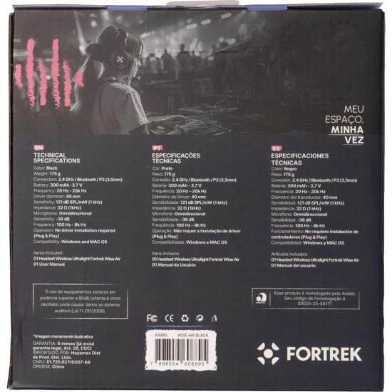 Headset Fortrek Wise Air Wireless Preto por 232,15 à vista no boleto/pix ou parcele em até 9x sem juros. Compre na loja Fortrek!