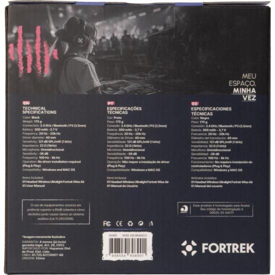 Headset Fortrek Wise Air Wireless Branco por 257,00 à vista no boleto/pix ou parcele em até 10x sem juros. Compre na loja Mundomax!