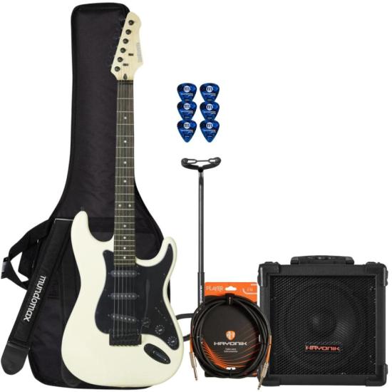 Kit Guitarra Stratocaster Rock Wave RW50 Ivory por 1.354,00 à vista no boleto/pix ou parcele em até 12x sem juros. Compre na loja Mundomax!