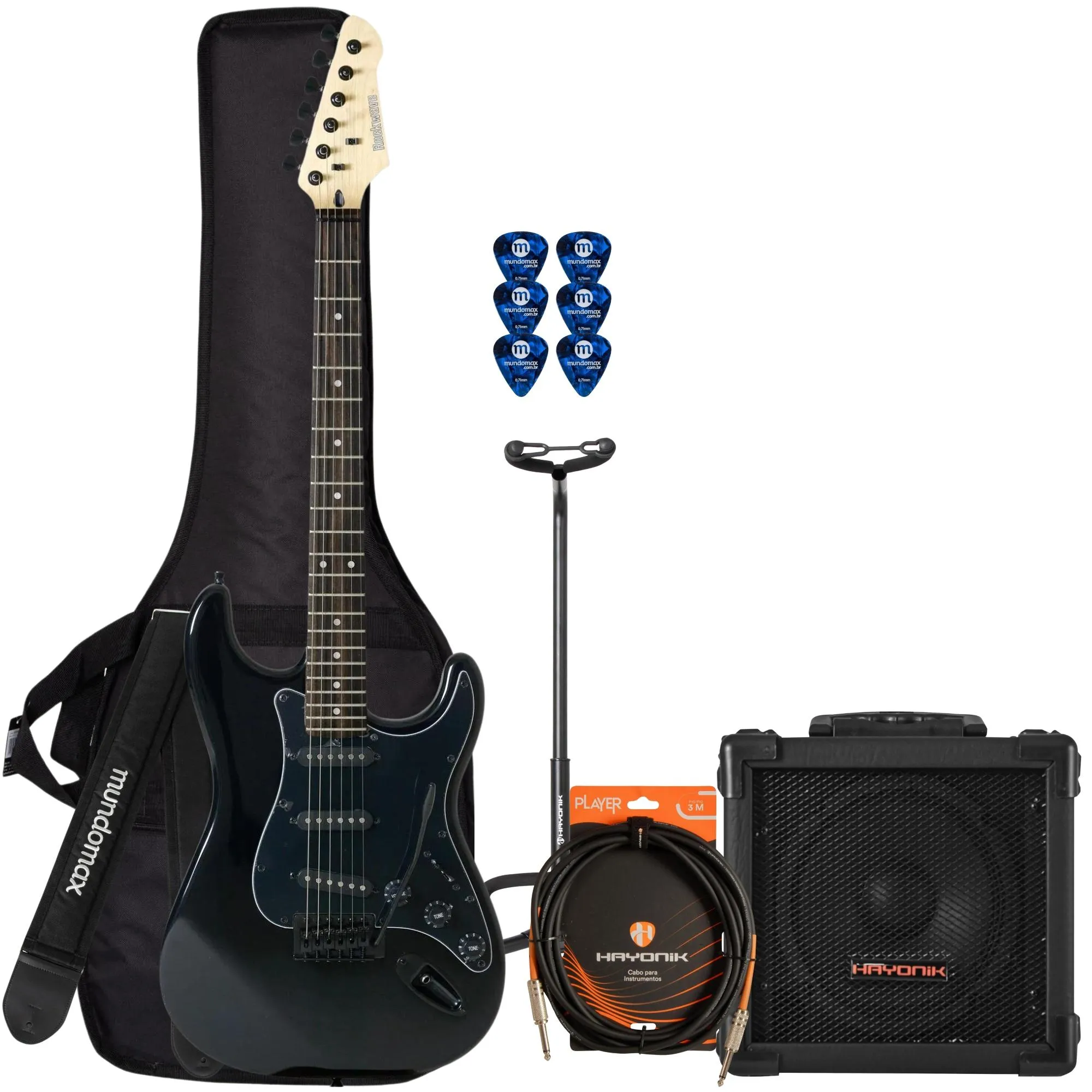 KIT GUITARRA STRATO ROCK WAVE RW50 BLACK por 1.356,00 à vista no boleto/pix ou parcele em até 12x sem juros. Compre na loja Mundomax!