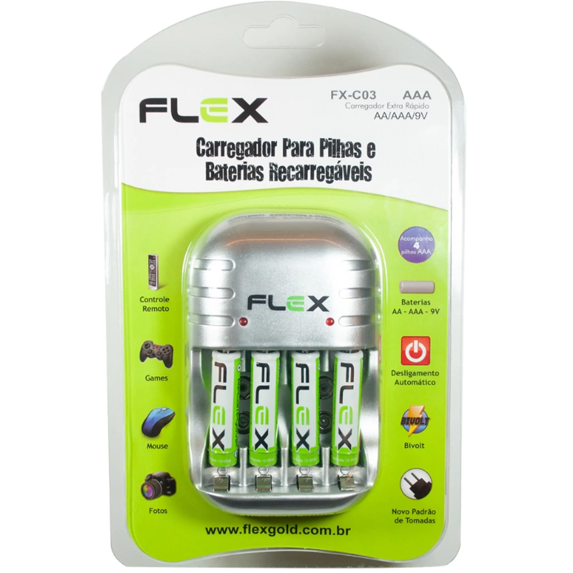 Carregador de Pilhas AA/AAA/9V FXC03AAA Bivolt Flex (85276)