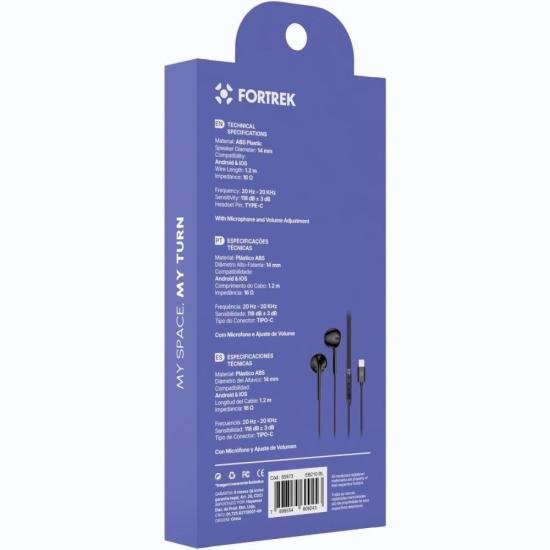 Fone de Ouvido Auricular Com Fio Tipo-C Fortrek EB210 Preto por 27,00 à vista no boleto/pix ou parcele em até 1x sem juros. Compre na loja Mundomax!