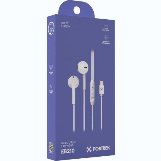 Fone de Ouvido Auricular Com Fio Tipo-C Fortrek EB210 Branco por 27,00 à vista no boleto/pix ou parcele em até 1x sem juros. Compre na loja Mundomax!