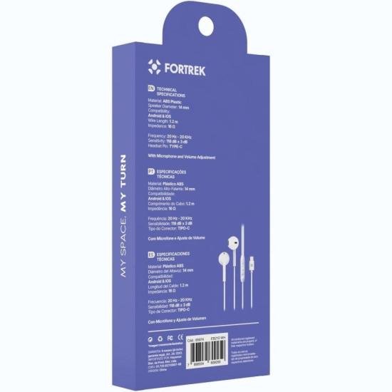 Fone de Ouvido Auricular Com Fio Tipo-C Fortrek EB210 Branco por 27,00 à vista no boleto/pix ou parcele em até 1x sem juros. Compre na loja Mundomax!