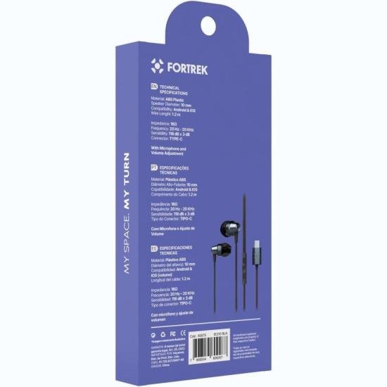 Fone de Ouvido Intra-Auricular Com Fio Tipo-C Fortrek IE210 Preto por 31,00 à vista no boleto/pix ou parcele em até 1x sem juros. Compre na loja Mundomax!